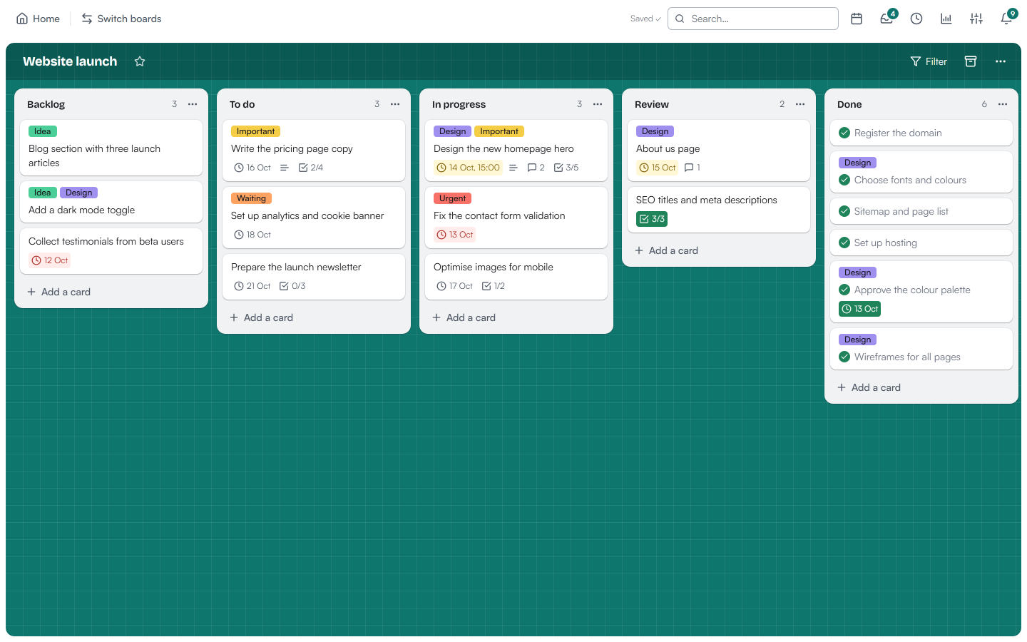 A board called Website launch with lists Backlog, To do, In progress, Review and Done