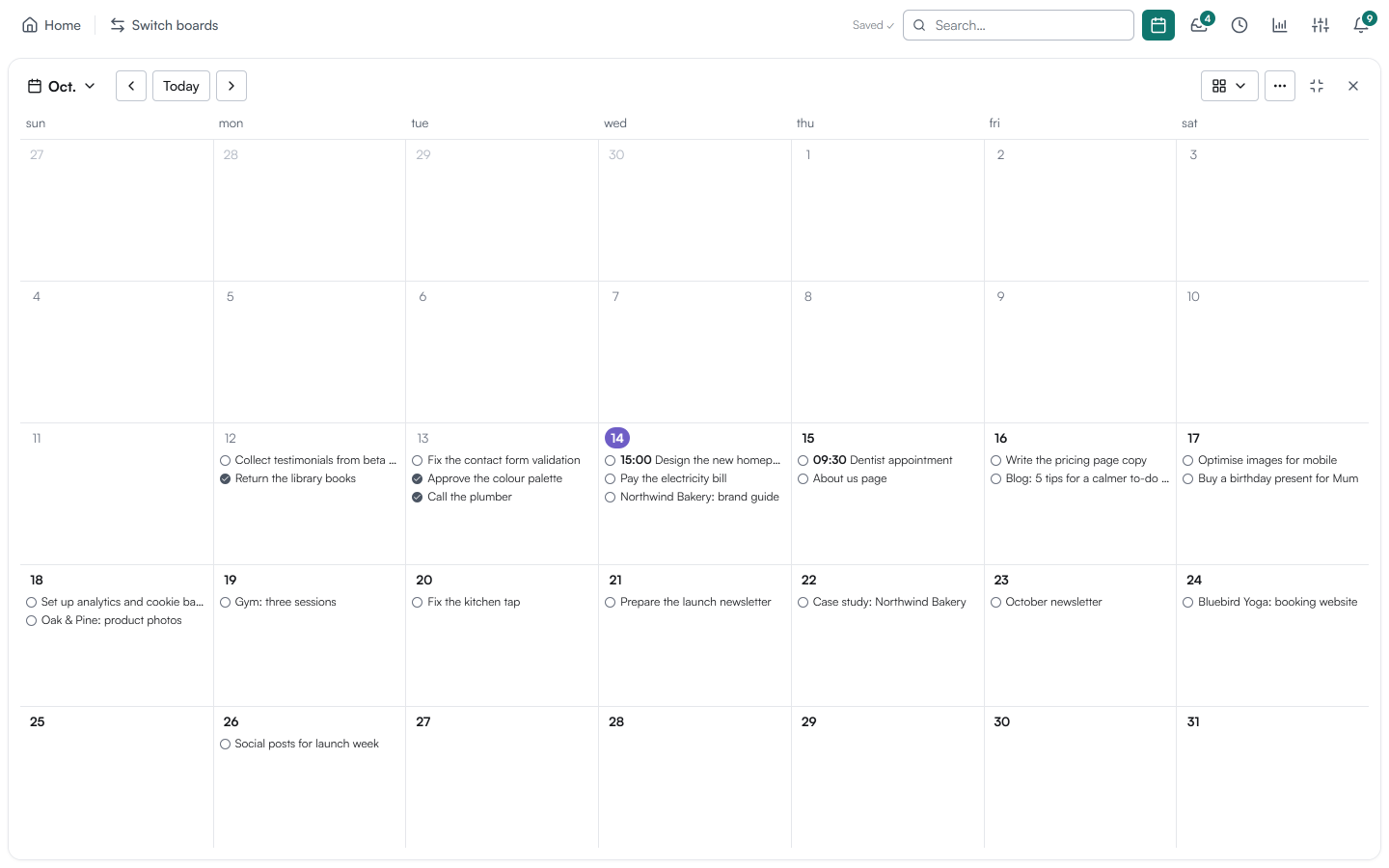 The planner in month view, showing cards on their due dates
